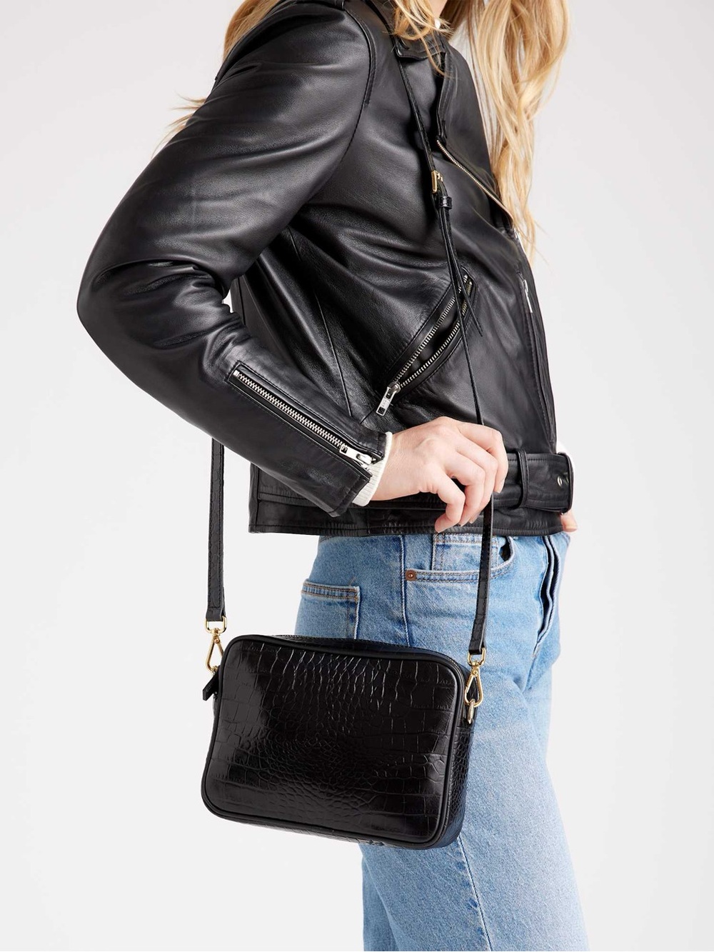 Quince Gemma Black Croc-Embossed Leather Crossbody Bag - Women
